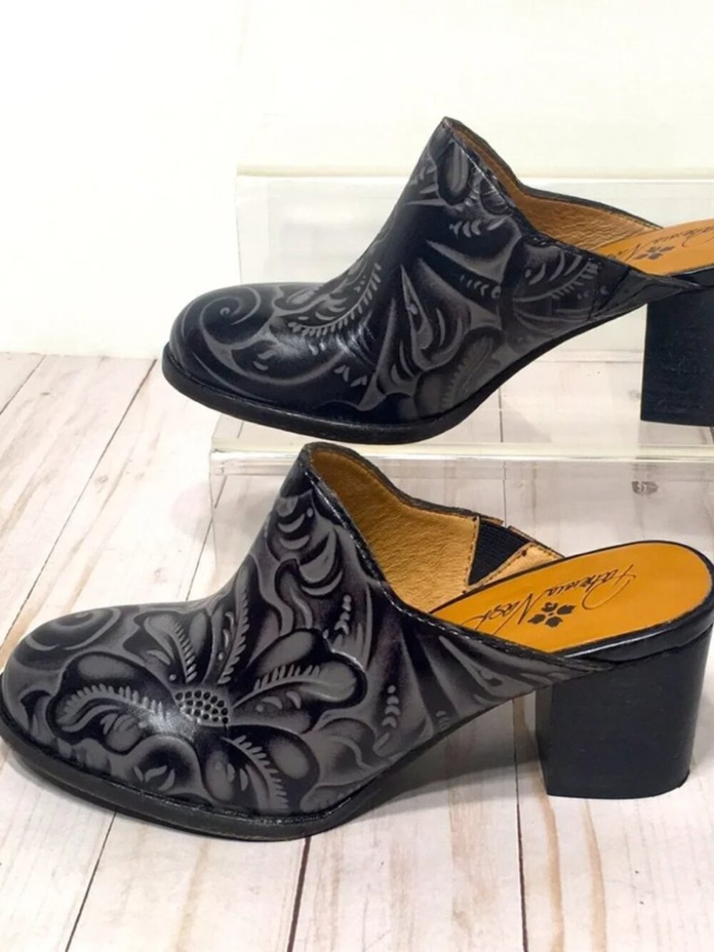 PATRICIA NASH FLORAL TOOLED LEATHER SLIDES MULES BLOCK HEEL SHOES WESTERN sz 6